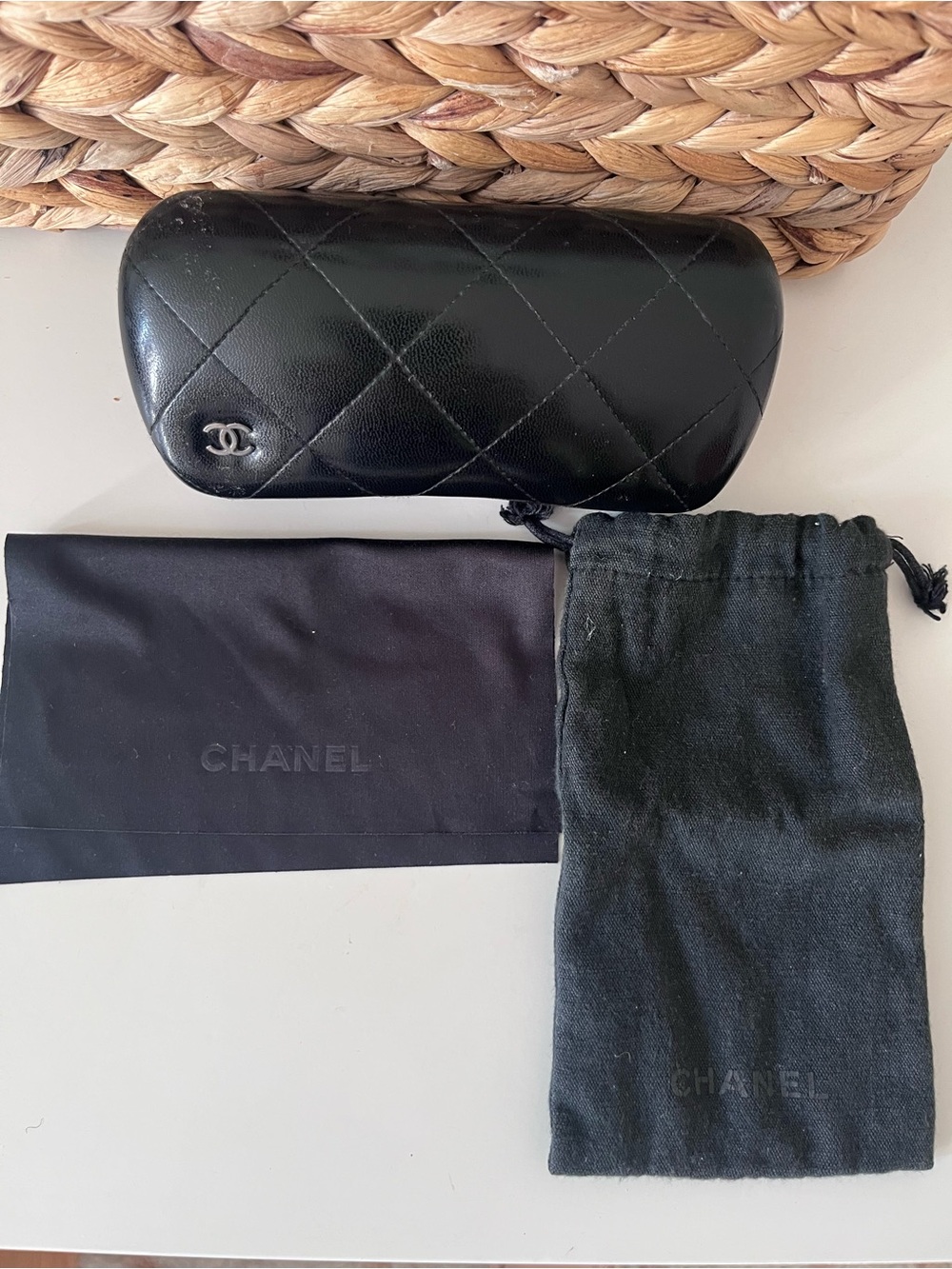 CHANEL Black Quilted Leather Eyewear Case with CC Logo